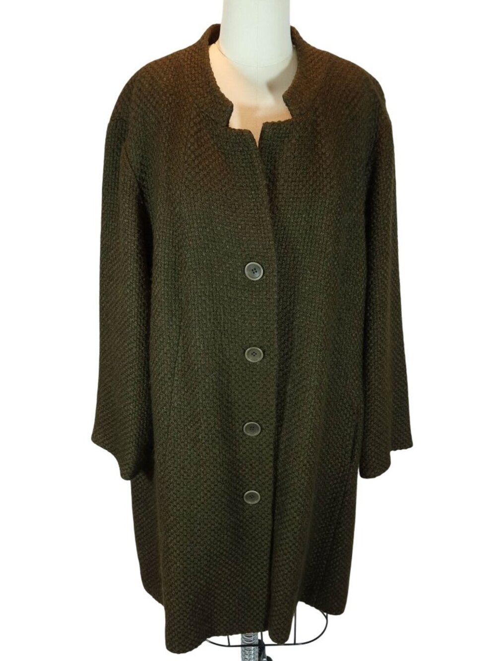 EILEEN FISHER Wool Blend Strolling Coat Size 1X Dark Olive Stand Collar Woven